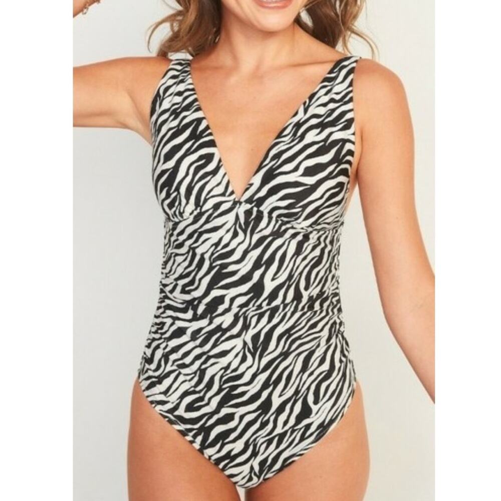 Old Navy Shirred Deep V-Neck Zebra Print One Piece Swimsuit